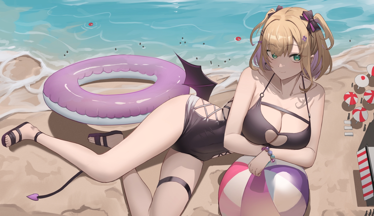 ball, beach, blonde_hair, breasts, cattleya_regina_games, cleavage, garter, green_eyes, jeze, kurumi_noah, pointed_ears, swim_ring, swimsuit, tail, vspo!, water, wings, wristwear