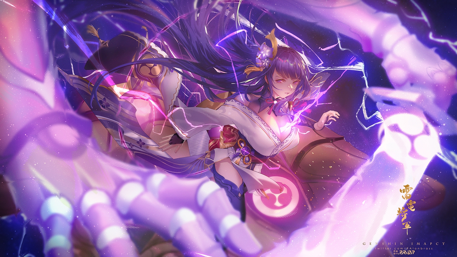 breasts, cleavage, genshin_impact, japanese_clothes, long_hair, magic, no_bra, purple_eyes, purple_hair, raiden_shogun, raion_(soraelf), sword, thighhighs, watermark, weapon