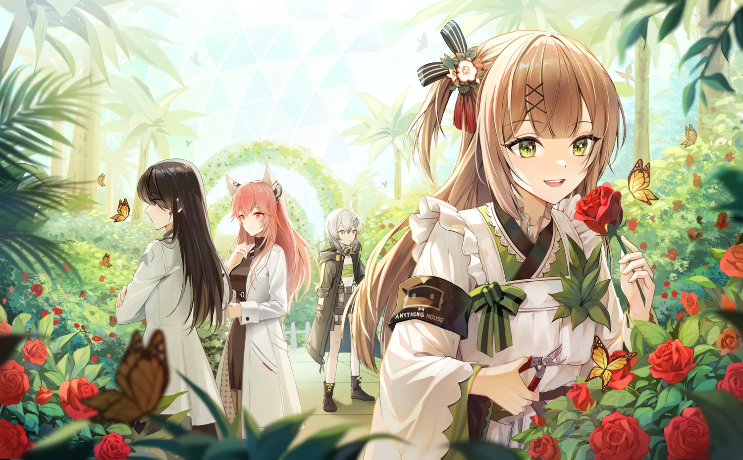 animal_ears, apron, black_hair, blush, boots, bow, brown_hair, butterfly, catgirl, croque_(neural_cloud), dress, female_professor_(neural_cloud), flowers, garter, gloves, goggles, gray_hair, green_eyes, group, hood, japanese_clothes, long_hair, neural_cloud, persicaria_(neural_cloud), pink_eyes, pink_hair, plus1024, ponytail, rose, sakuya_(neural_cloud), short_hair, shorts, tree, yellow_eyes