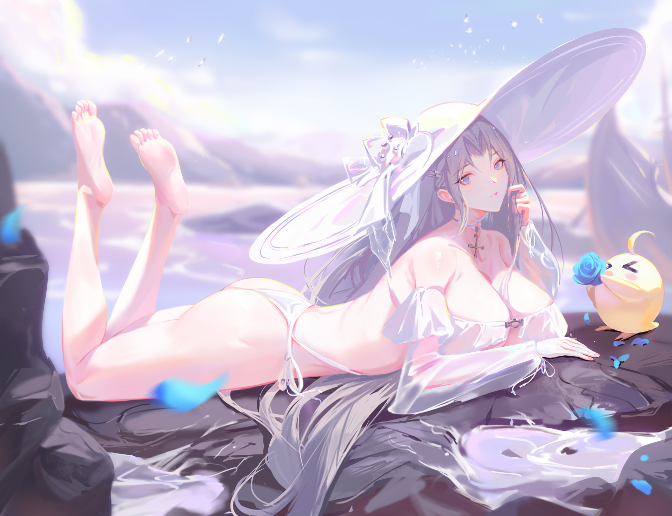 animal, anthropomorphism, ass, azur_lane, barefoot, bikini, bird, gray_hair, hat, long_hair, manjuu_(azur_lane), sansan_(dongfangzhong111), see_through, sky, swimsuit, water, yorktown_(azur_lane)