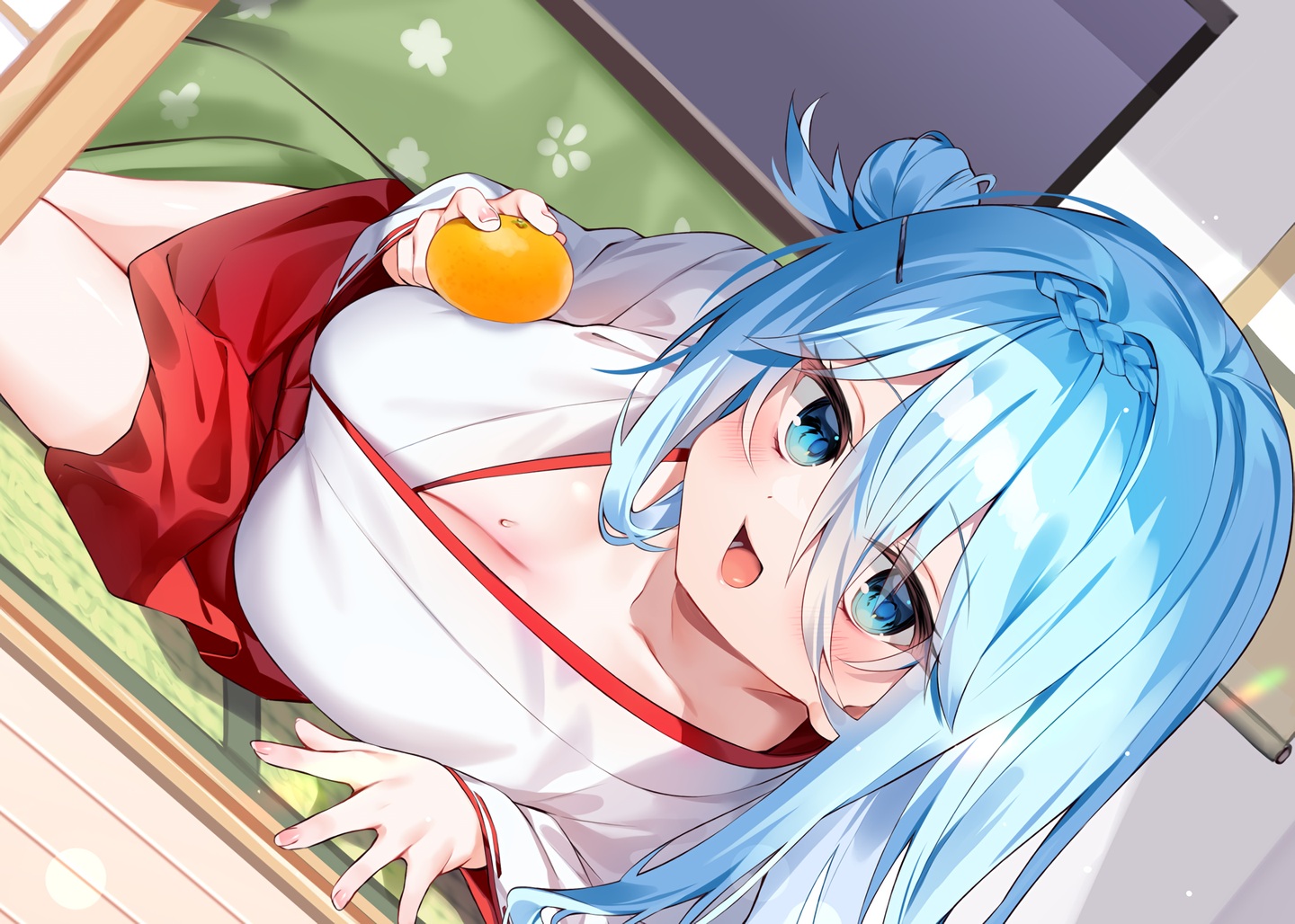 aqua_eyes, aqua_hair, blush, braids, breasts, chihiro_(khorosho), cleavage, food