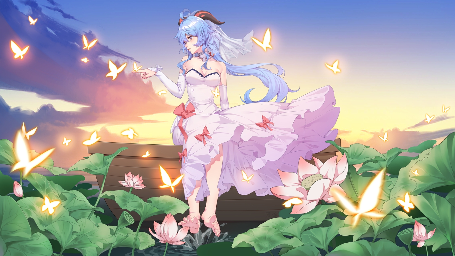 aluo_7762, barefoot, blue_hair, boat, bow, breasts, butterfly, cleavage