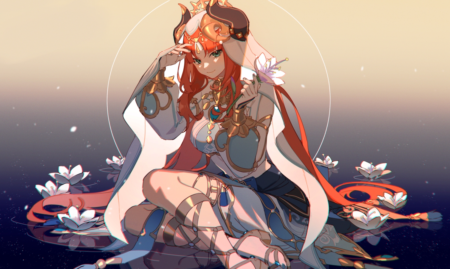 flowers, genshin_impact, gradient, green_eyes, headdress, horns, kkaags, long_hair, nilou_(genshin_impact), red_hair, skirt, water