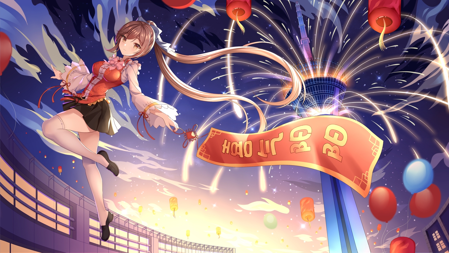 brown_eyes, brown_hair, chinese_clothes, clouds, freshylulu_m, long_hair, original, ponytail