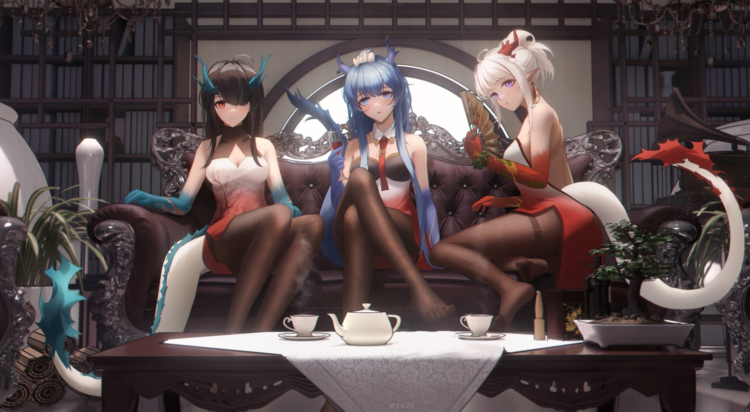 3d, arknights, blue_eyes, blue_hair, brown_hair, chinese_clothes, chinese_dress, dress