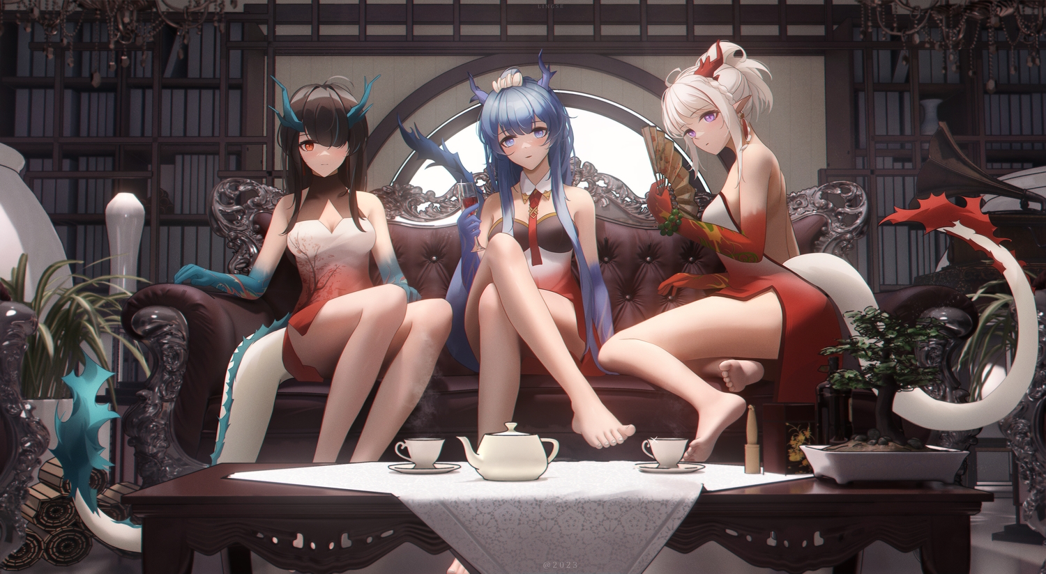 3d, arknights, barefoot, blue_eyes, blue_hair, brown_hair, chinese_clothes, chinese_dress, dress, drink, dusk_(arknights), horns, ling_(arknights), ling_dianxia, long_hair, nian_(arknights), orange_eyes, pointed_ears, purple_eyes, tail, white_hair