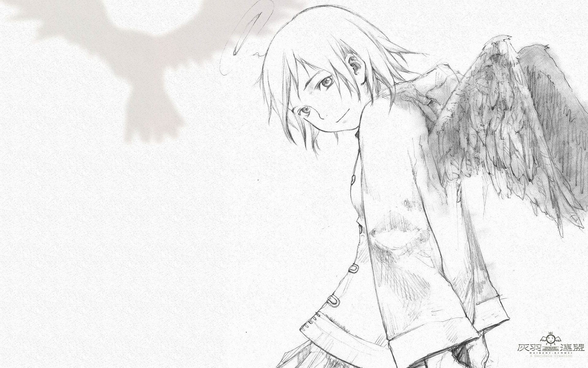 animal, bird, haibane_renmei, halo, monochrome, rakka, sketch, wings