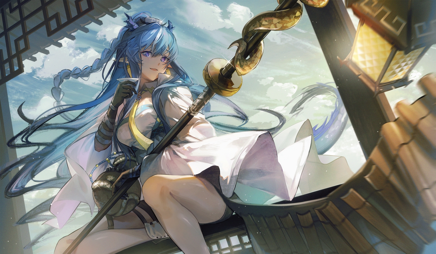 aqua_hair, arknights, braids, clouds, kyusoukyu, ling_(arknights), long_hair, pointed_ears