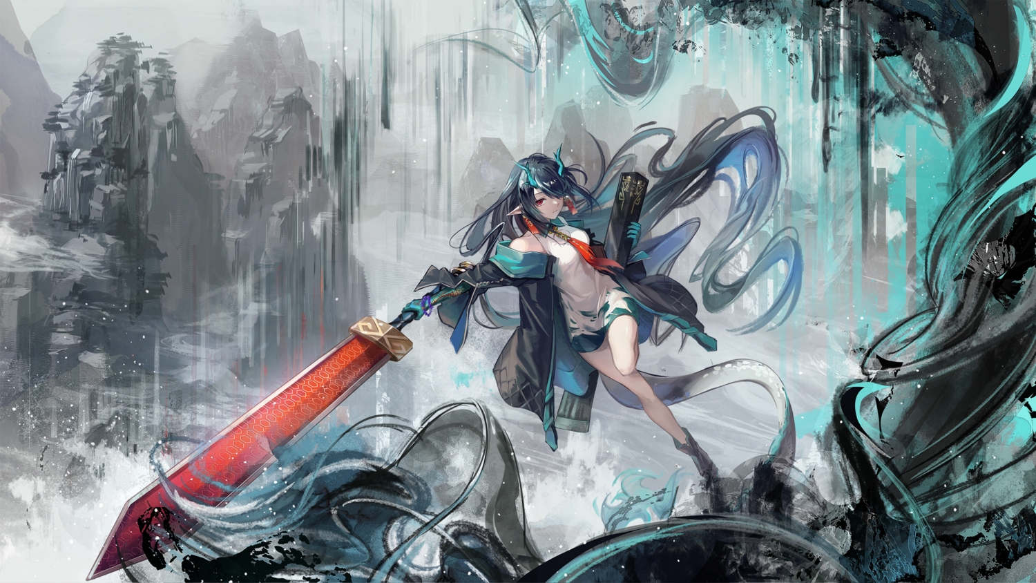 arknights, black_hair, dusk_(arknights), kyusoukyu, long_hair, pointed_ears, red_eyes, skirt, sword, tail, weapon