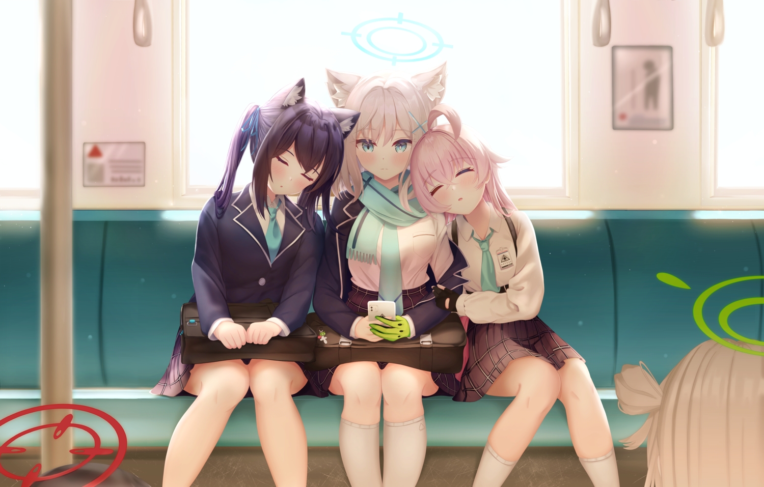 animal_ears, aqua_eyes, arashiomoto, blue_archive, catgirl, gray_hair, halo, kneehighs, kuromi_serika, pink_hair, purple_hair, school_uniform, skirt, sleeping, sunaookami_shiroko, takanashi_hoshino, tie, twintails, wolfgirl