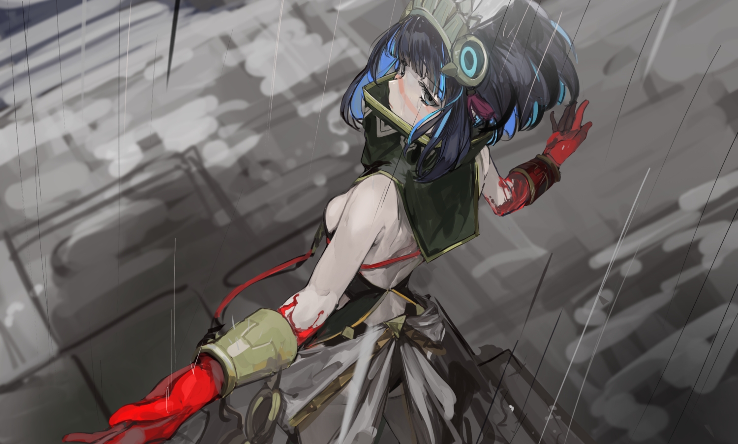 black_eyes, black_hair, blood, fate/grand_order, fate_(series), headdress, leotard, rain, short_hair, sketch, tenochtitlan_(fate), water, wristwear, yorurokujuu