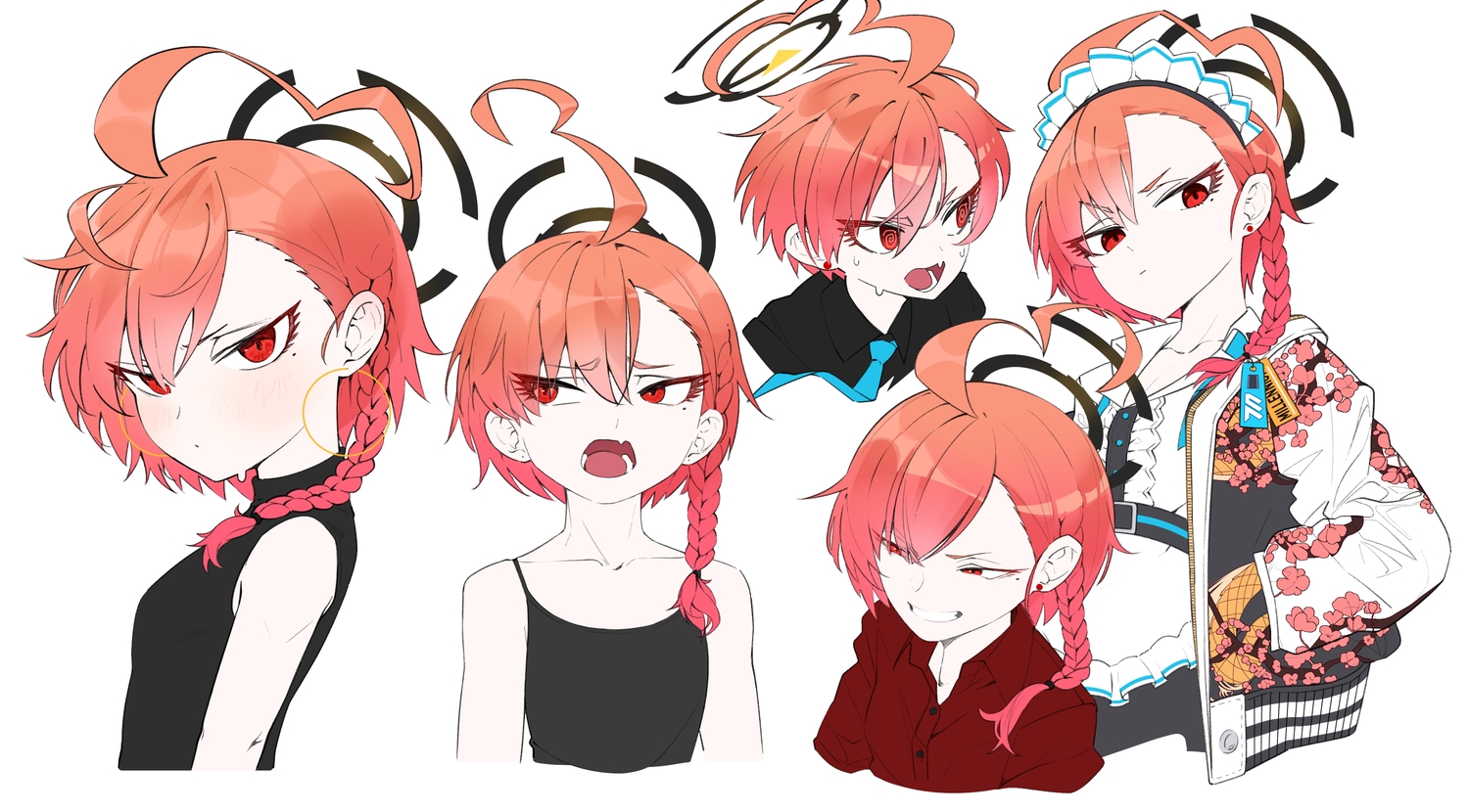 blue_archive, blush, braids, halo, headdress, mikamo_neru, nasan_(coldtime), orange_hair, red_eyes, shirt, short_hair, tie, white