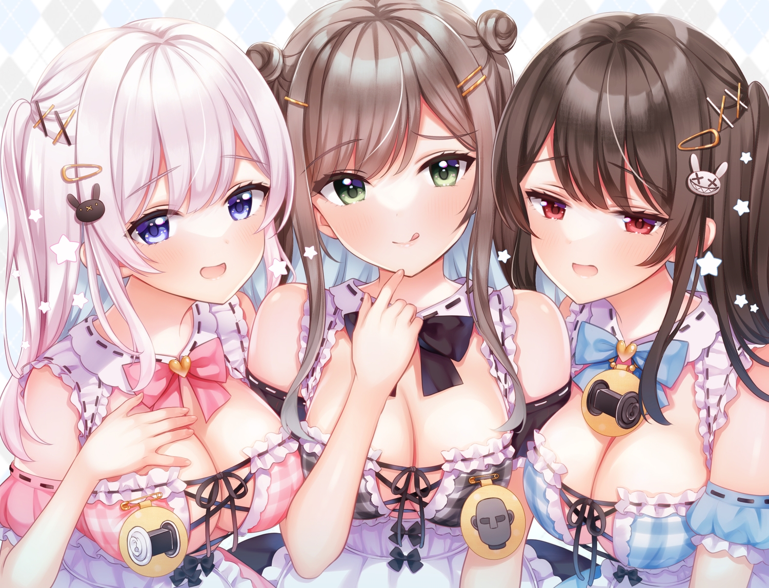 apron, breast_hold, breasts, brown_hair, cleavage, green_eyes, long_hair, mintsu_(ichi--kun), original, purple_eyes, red_eyes, white_hair