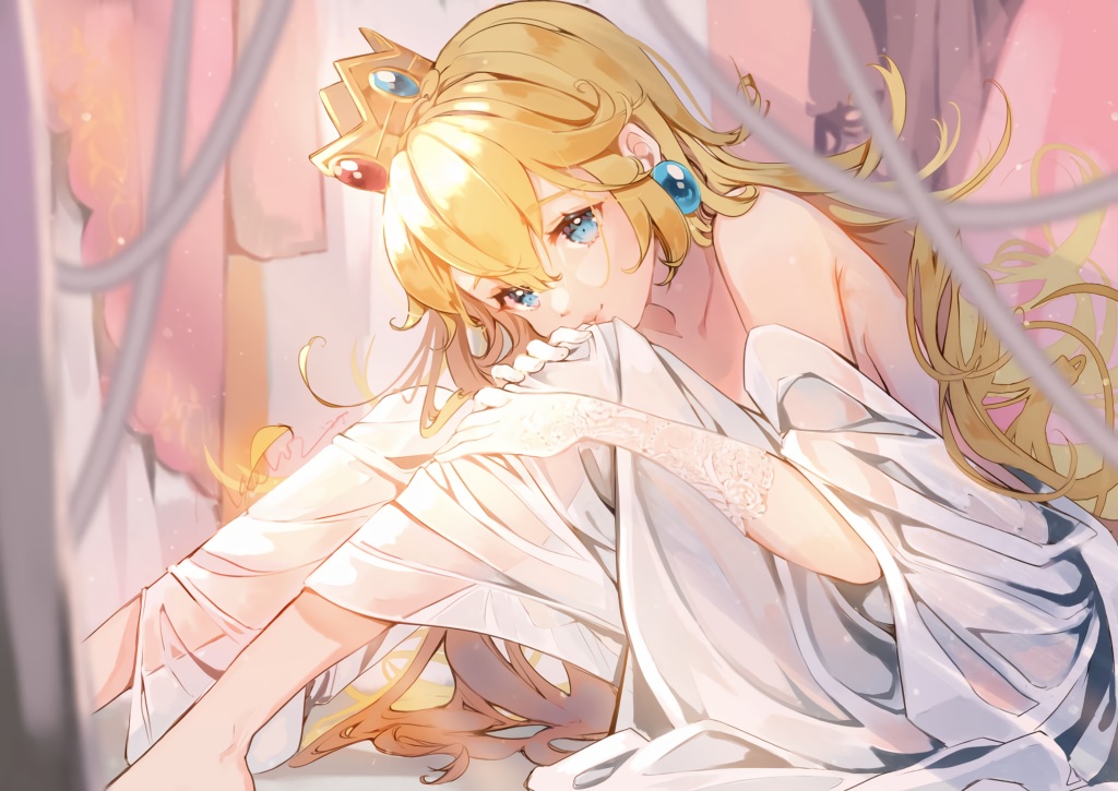 blonde_hair, blue_eyes, crown, elbow_gloves, gloves, long_hair, nachoz_(nachozart), princess_peach