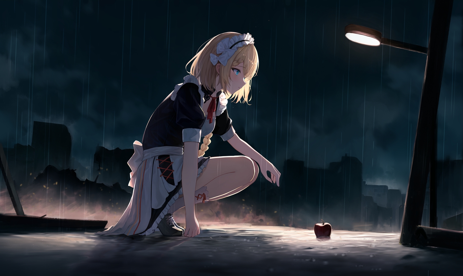 apple, blonde_hair, braids, building, centaureissi_(girls_frontline_2), city, food, fruit