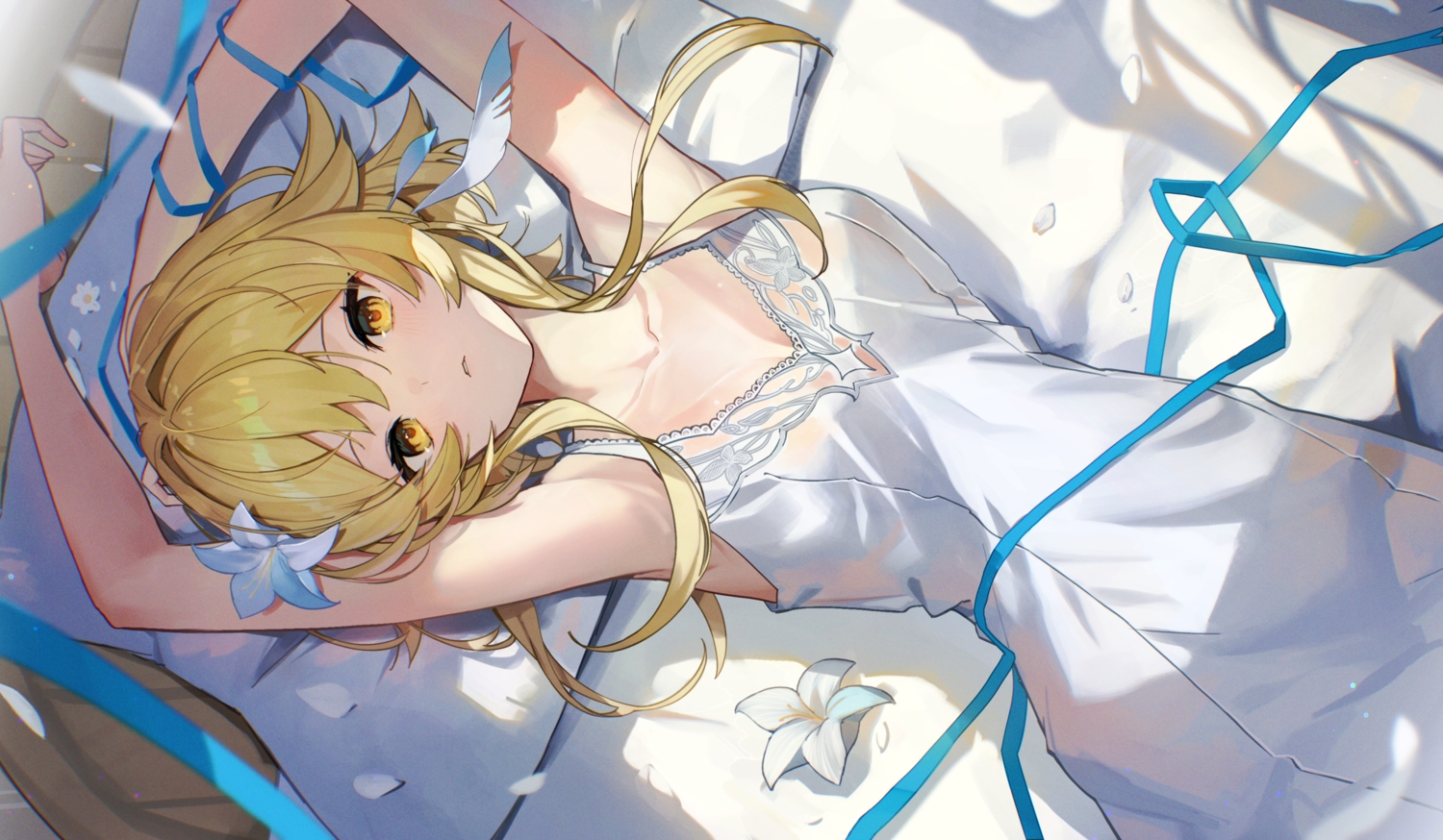 bed, blonde_hair, blush, breasts, cleavage, dress, feathers, flowers, genshin_impact, long_hair, lumine_(genshin_impact), no_bra, petals, ribbons, scottie_(phantom2), see_through, summer_dress, yellow_eyes