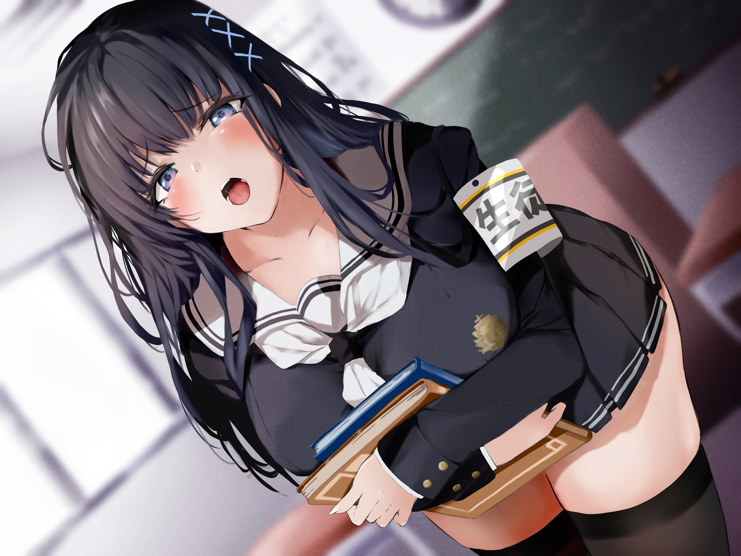 black_hair, book, long_hair, original, purple_eyes, raru_(nanaharararu), school_uniform, skirt, thighhighs, zettai_ryouiki