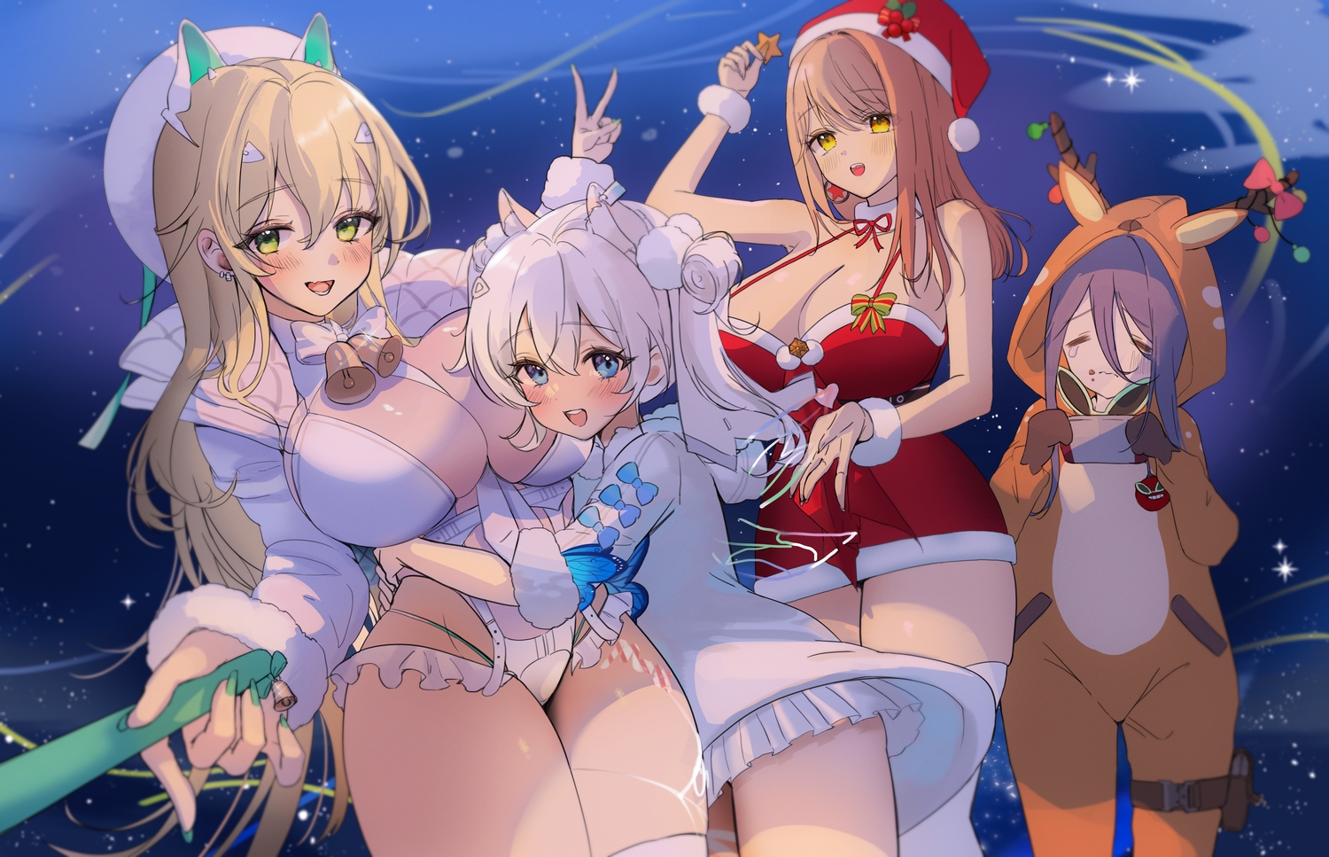 ash_(cat7evy), bell, blue_eyes, brown_hair, christmas, dress, emma_(nikke), exia_(nikke), goddess_of_victory:_nikke, green_eyes, group, hat, hood, hug, leotard, loli, n102_(nikke), no_bra, purple_hair, rupee_(nikke), santa_hat, white_hair, yellow_eyes