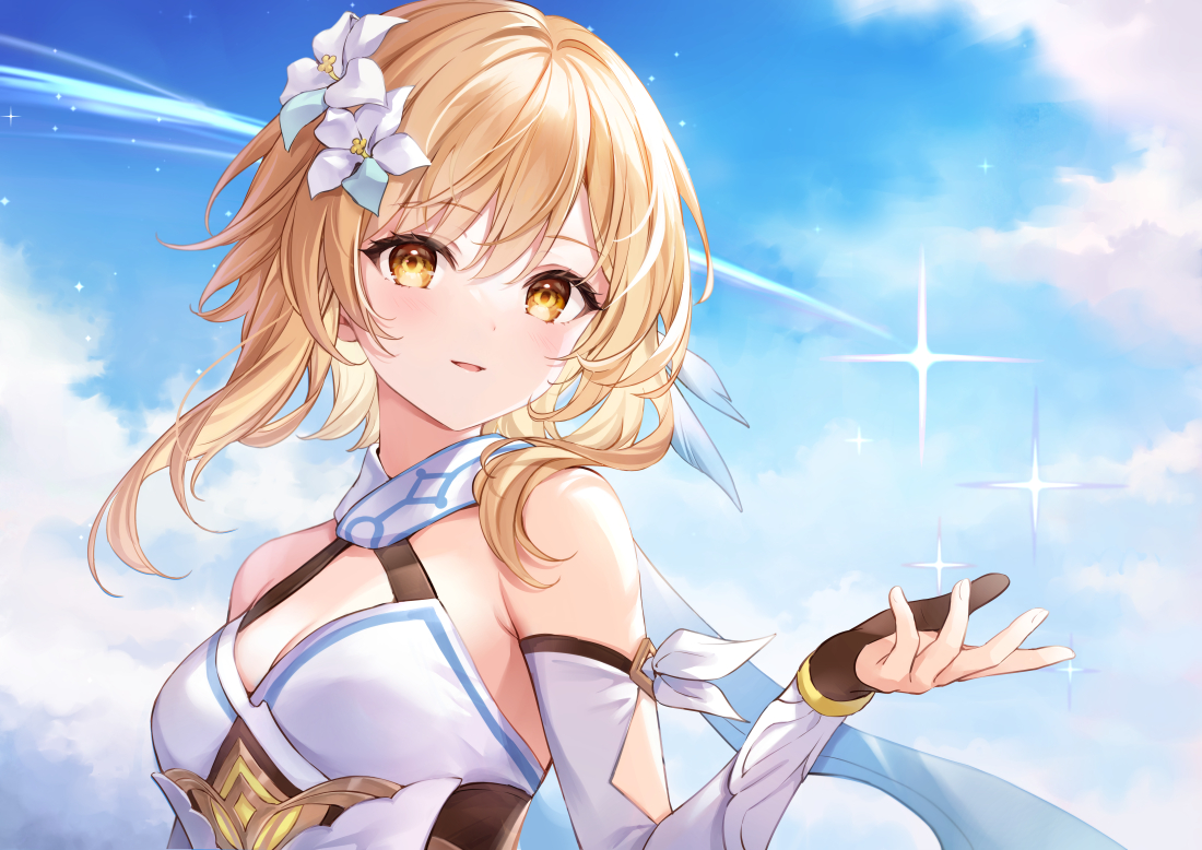 blonde_hair, blush, close, clouds, genshin_impact, gloves, higeneko, lumine_(genshin_impact)
