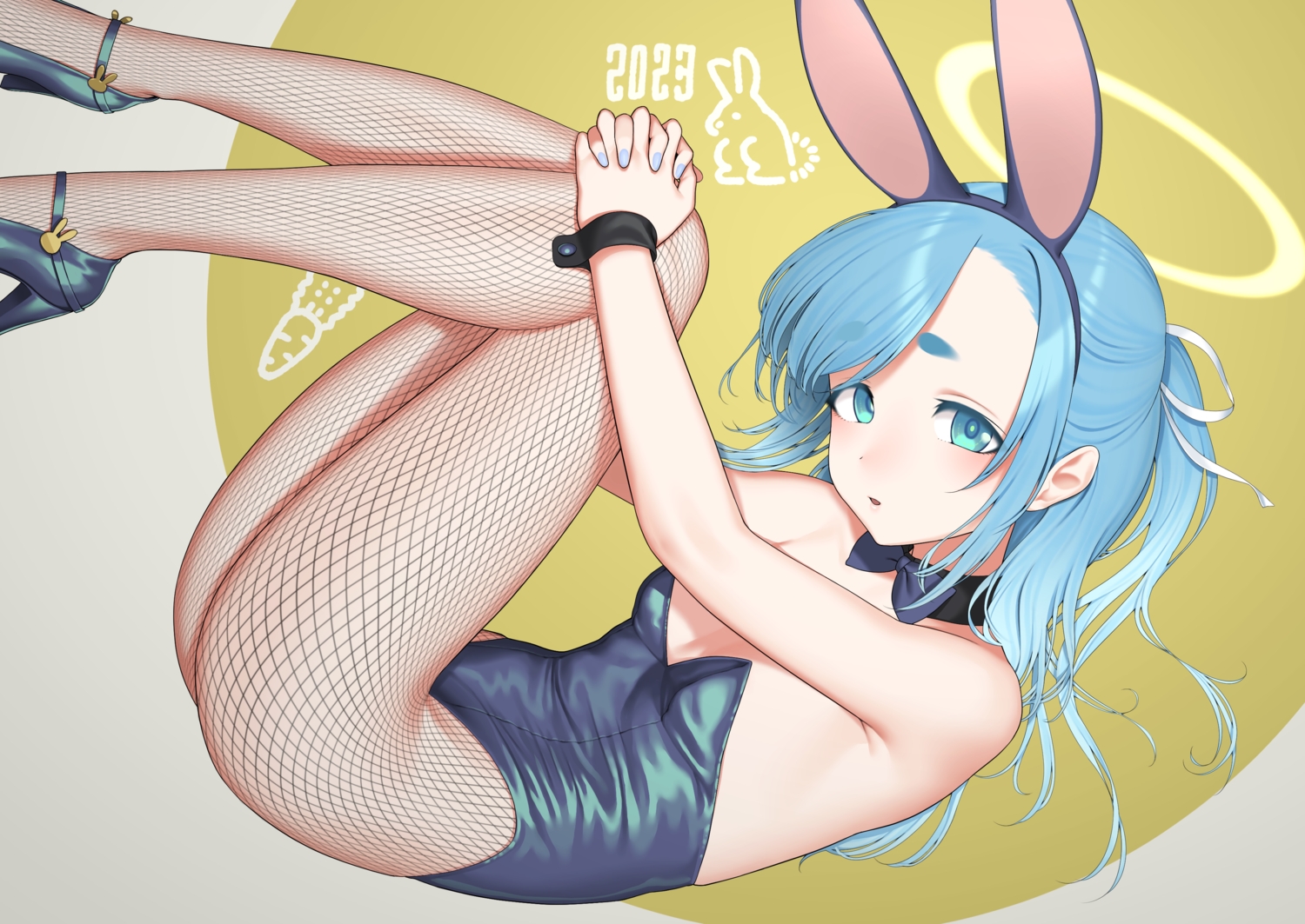 animal_ears, aqua_hair, bunny_ears, bunnygirl, gishu, green_eyes, headband, leotard, long_hair, no_bra, original