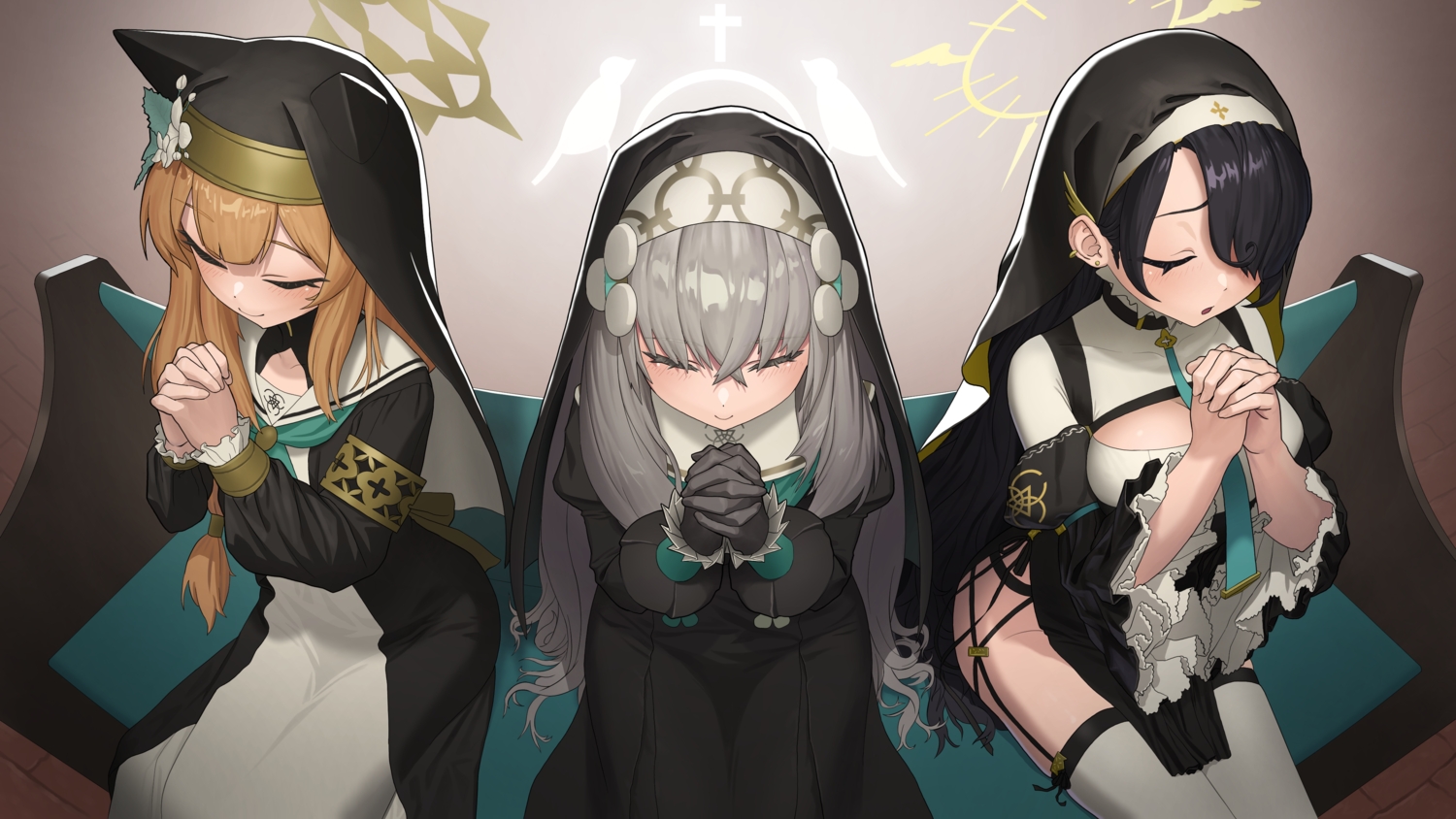 animal_ears, black_hair, blue_archive, blush, catgirl, dress, garter_belt, gloves, gray_hair, halo, headdress, iochi_mari, long_hair, nun, okokorika, orange_hair, stockings, tie, utazami_sakurako, wakabe_hinata
