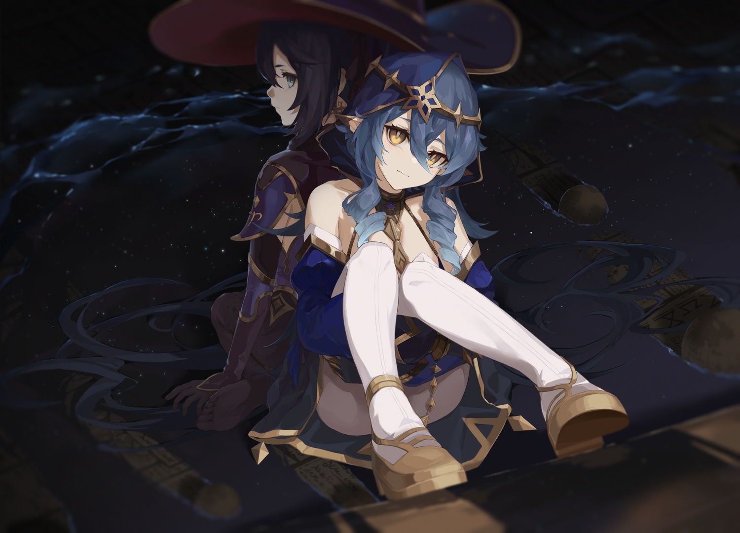2girls, black_hair, blue_hair, blush, genshin_impact, green_eyes, hat, hood