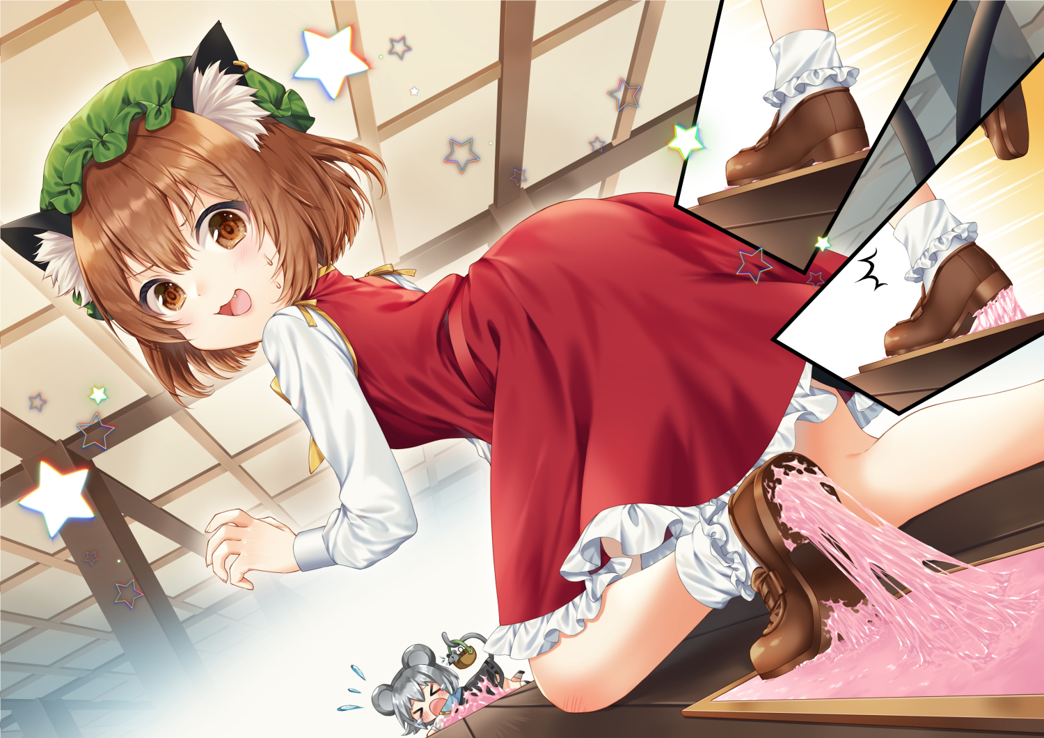 2girls, animal, animal_ears, blush, brown_eyes, brown_hair, catgirl, cat_smile