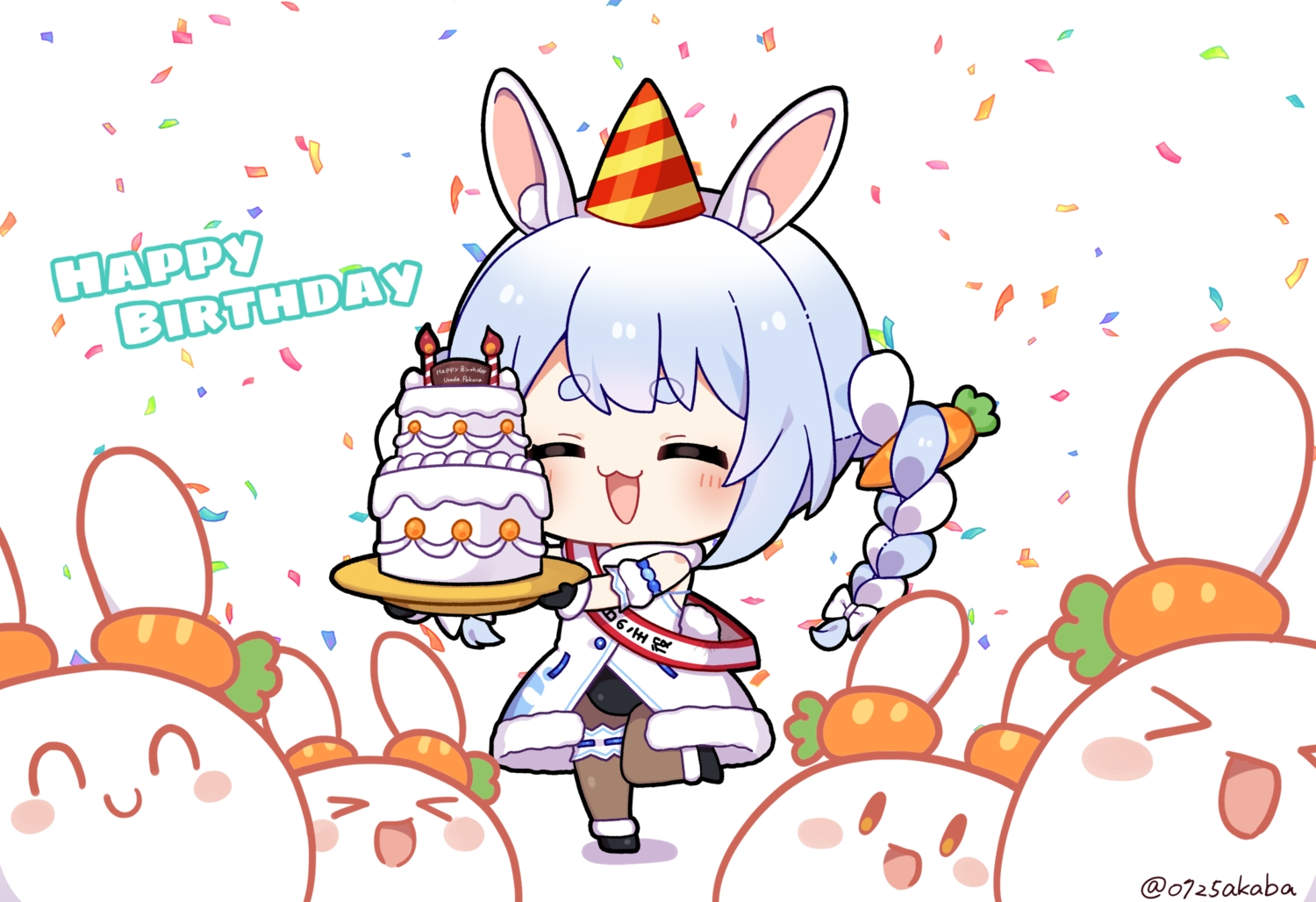 0725akaba, animal, animal_ears, blue_hair, blush, braids, bunny_ears, bunnygirl, cake, cat_smile, chibi, food, garter, gloves, hololive, leotard, pantyhose, rabbit, signed, twintails, usada_pekora, white
