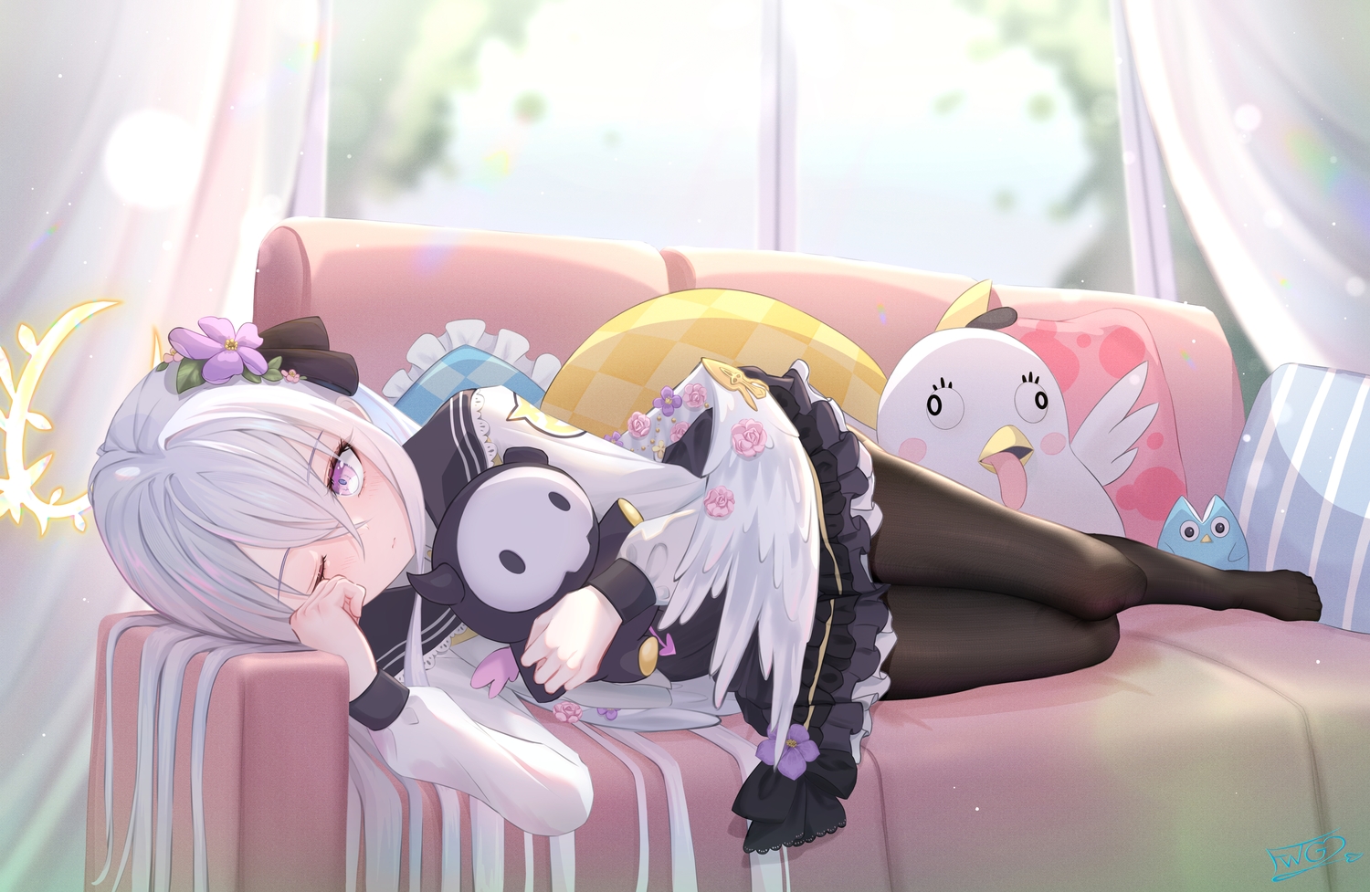 angel, blue_archive, couch, fuwa_gengetsu, gray_hair, halo, long_hair, pantyhose, purple_eyes, shirasu_azusa, signed, wings, wink