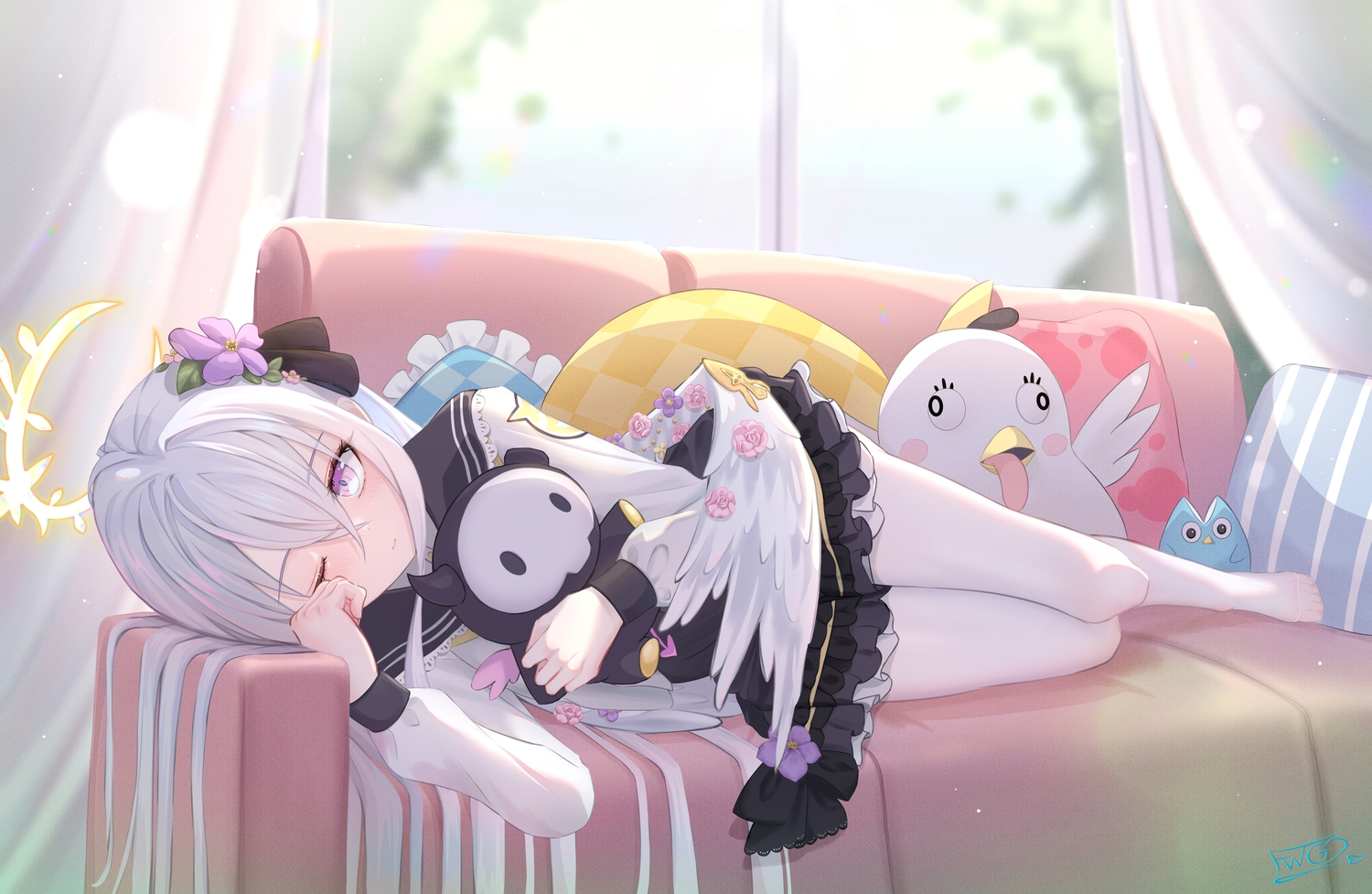 angel, blue_archive, couch, fuwa_gengetsu, gray_hair, halo, long_hair, pantyhose, purple_eyes, shirasu_azusa, signed, wings, wink