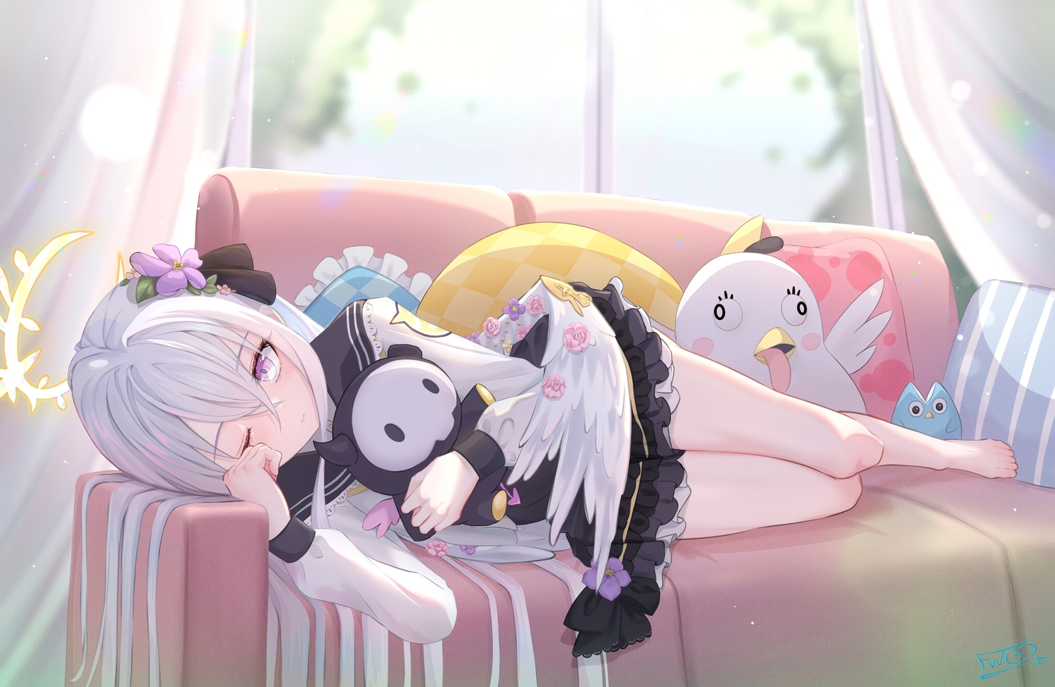 angel, barefoot, blue_archive, couch, fuwa_gengetsu, gray_hair, halo, long_hair, purple_eyes, shirasu_azusa, signed, wings, wink
