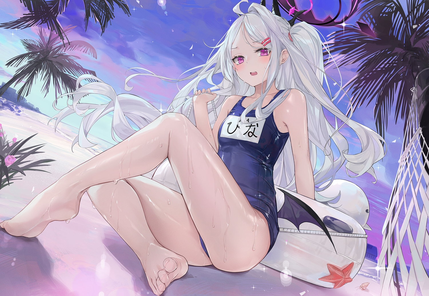 barefoot, beach, blue_archive, blush, clouds, dema_hmw, gray_hair, halo