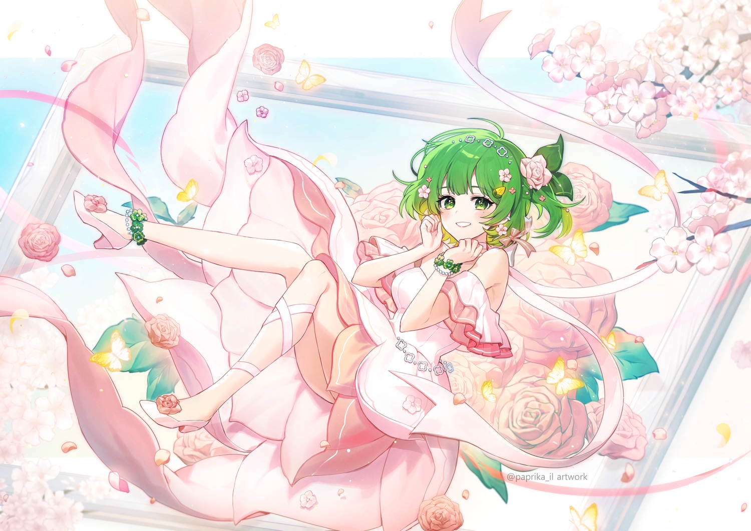 blush, butterfly, dress, flowers, green_eyes, green_hair, original, panprika, petals, watermark, wristwear