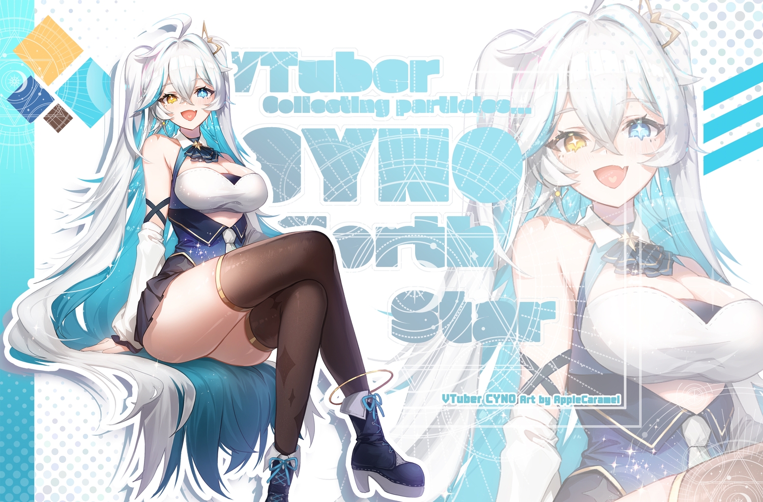 applecaramel_(acaramel), bicolored_eyes, blush, breasts, cleavage, cyno_(vtuber), dress, fang, gray_hair, indie_virtual_youtuber, long_hair, thighhighs, twintails, yellow_eyes, zoom_layer