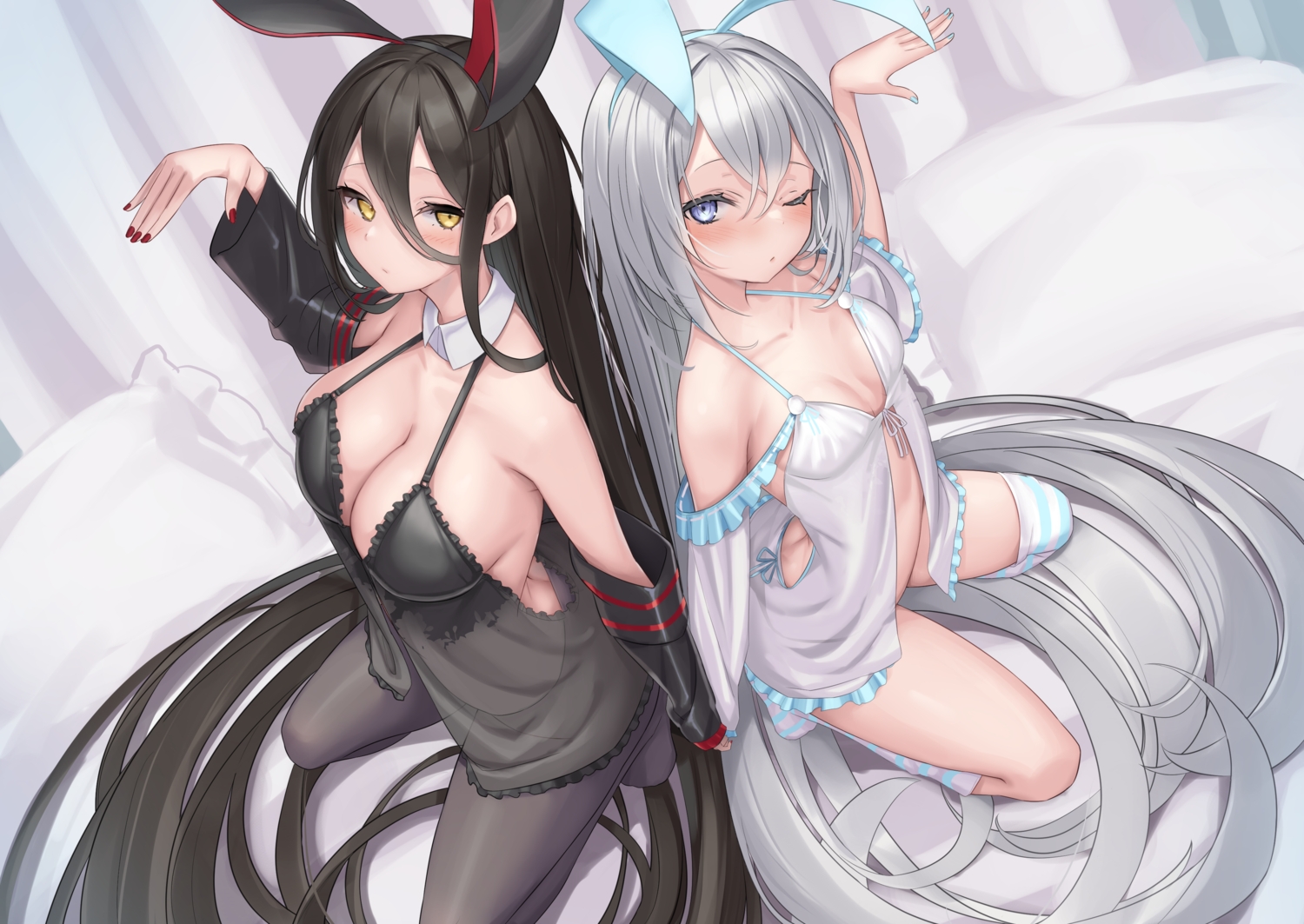 2girls, animal_ears, black_hair, breasts, bunny_ears, bunnygirl, cleavage, gray_hair