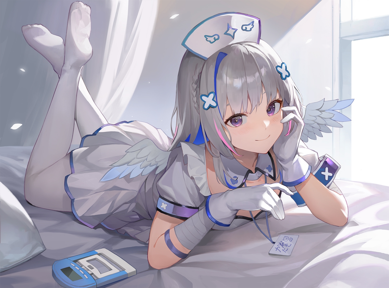 amane_kanata, angel, bandage, bed, braids, gloves, gray_hair, hololive, long_hair, nurse, pantyhose, purple_eyes, sl86, wings