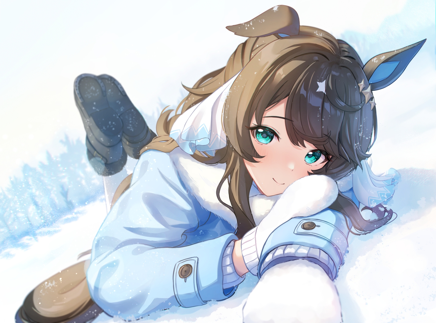 animal_ears, anthropomorphism, aqua_eyes, brown_hair, daring_tact_(umamusume), gloves, kashmir_0808, long_hair, tree, uma_musume:_pretty_derby, winter