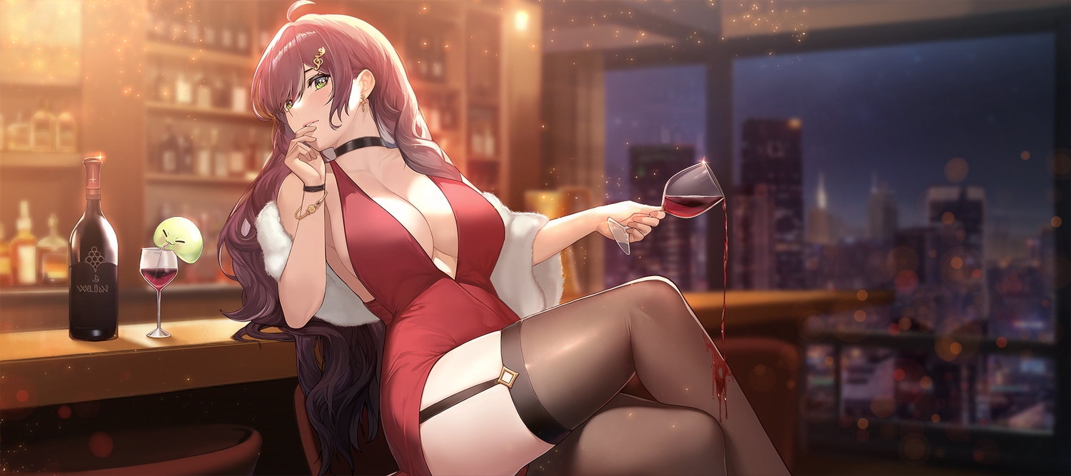 breasts, brown_hair, building, choker, city, cleavage, dress, drink, garter_belt, green_eyes, long_hair, momera, original, sideboob, stockings