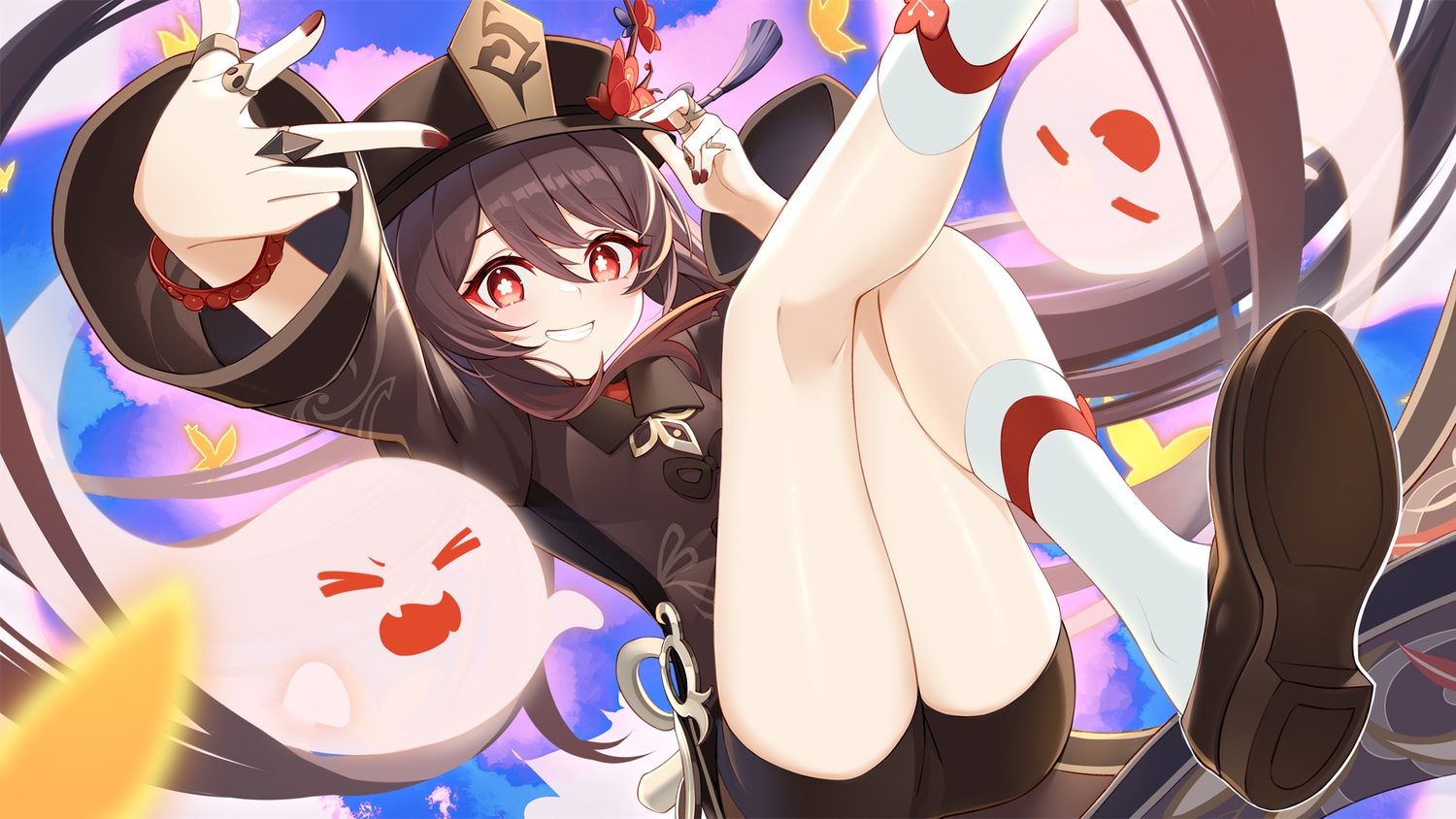 brown_hair, flowers, genshin_impact, hat, hu_tao_(genshin_impact), kneehighs, long_hair, red_eyes