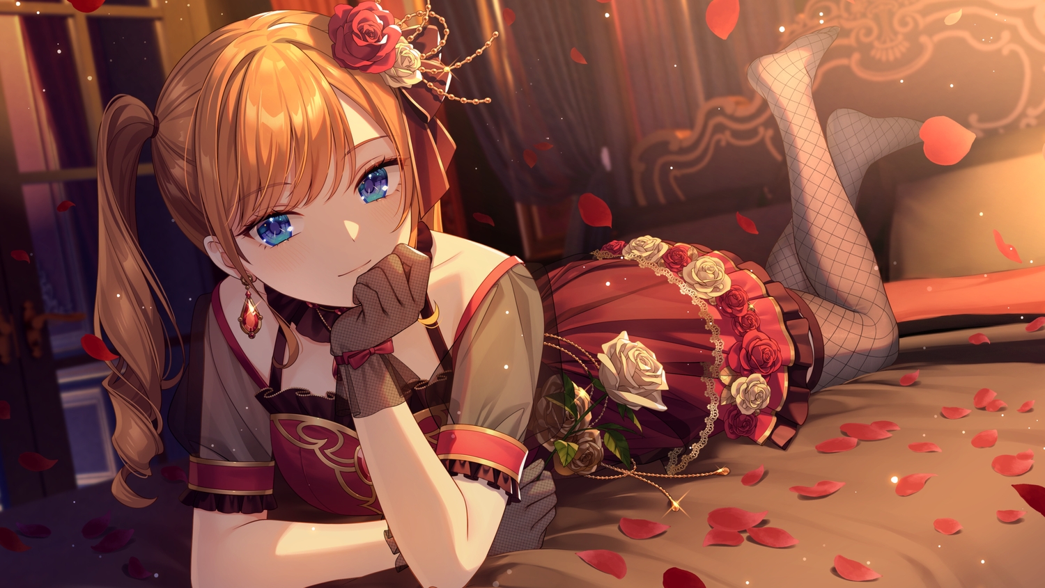 bed, blue_eyes, bshi_edayo, dress, flowers, orange_hair, original, pantyhose, petals, rose, twintails