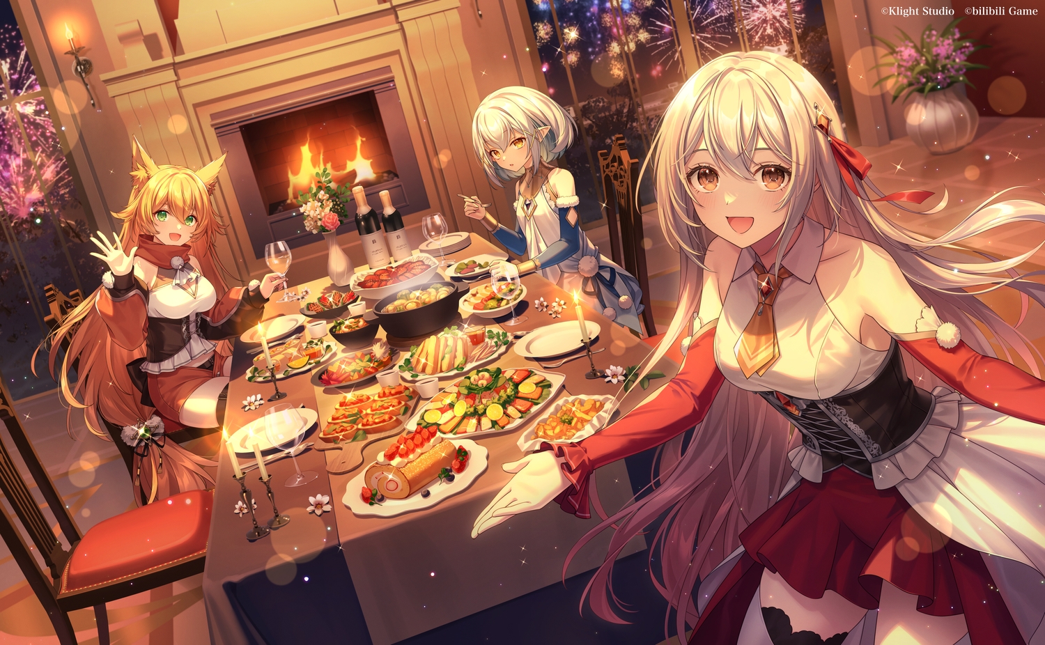 animal_ears, brown_eyes, bshi_edayo, corset, dress, fireworks, flowers, food