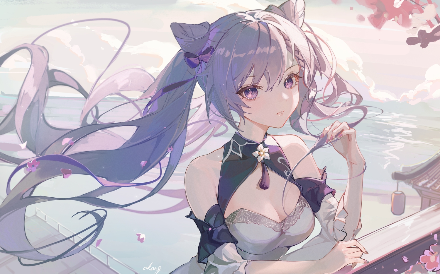 breasts, cleavage, close, genshin_impact, keqing_(genshin_impact), long_hair, purple_eyes, purple_hair, signed, twintails, water, yutou_(yutou75)