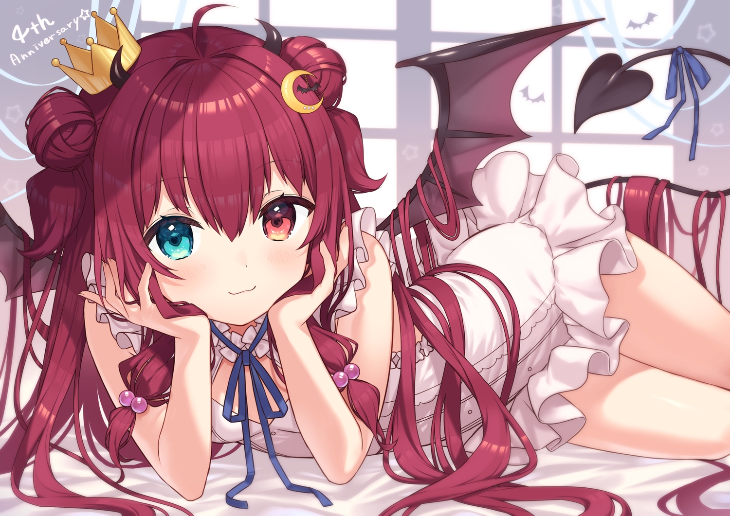 aqua_eyes, bed, bicolored_eyes, crown, dress, loli, long_hair, nijisanji, otou_mamayo, red_hair, tail, wings, yuzuki_roa