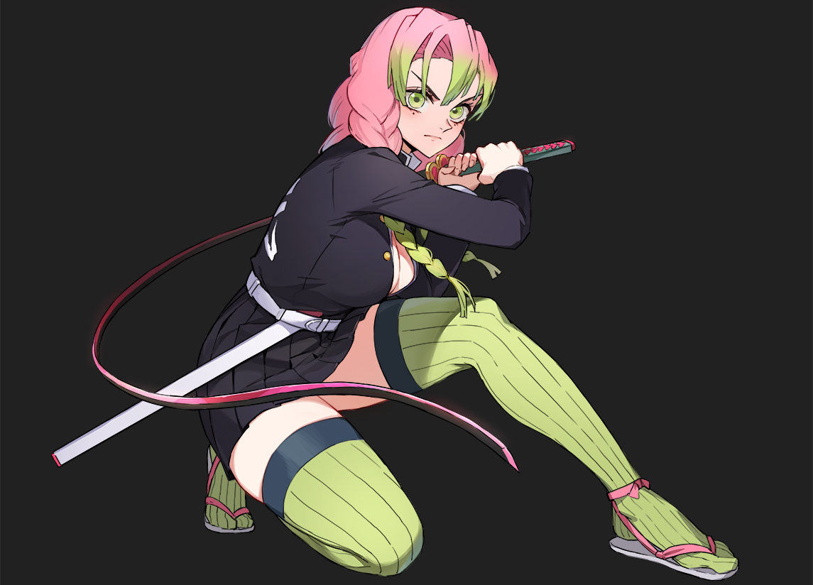 black, braids, breasts, cleavage, green_eyes, japanese_clothes, jason_kim, kanroji_mitsuri