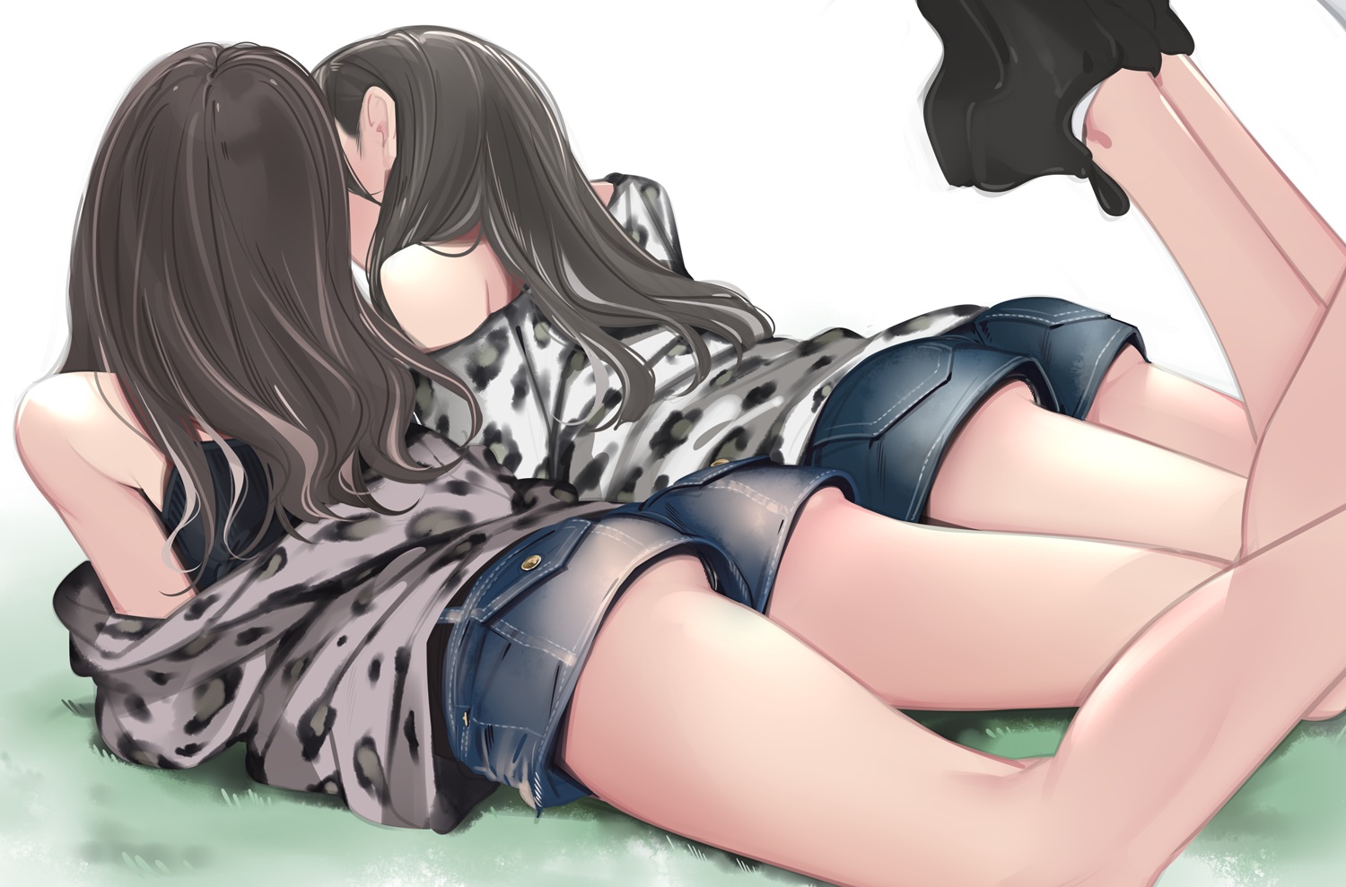 2girls, ama_mitsuki, ass, black_hair, long_hair, open_shirt, original, shorts