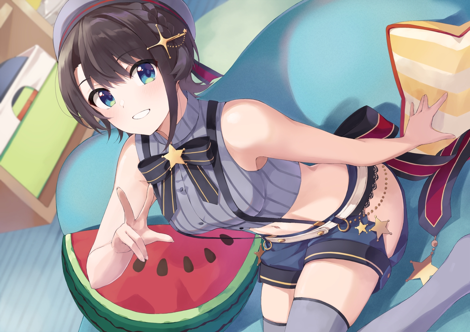 braids, hat, hololive, navel, oozora_subaru, short_hair, shorts, thighhighs