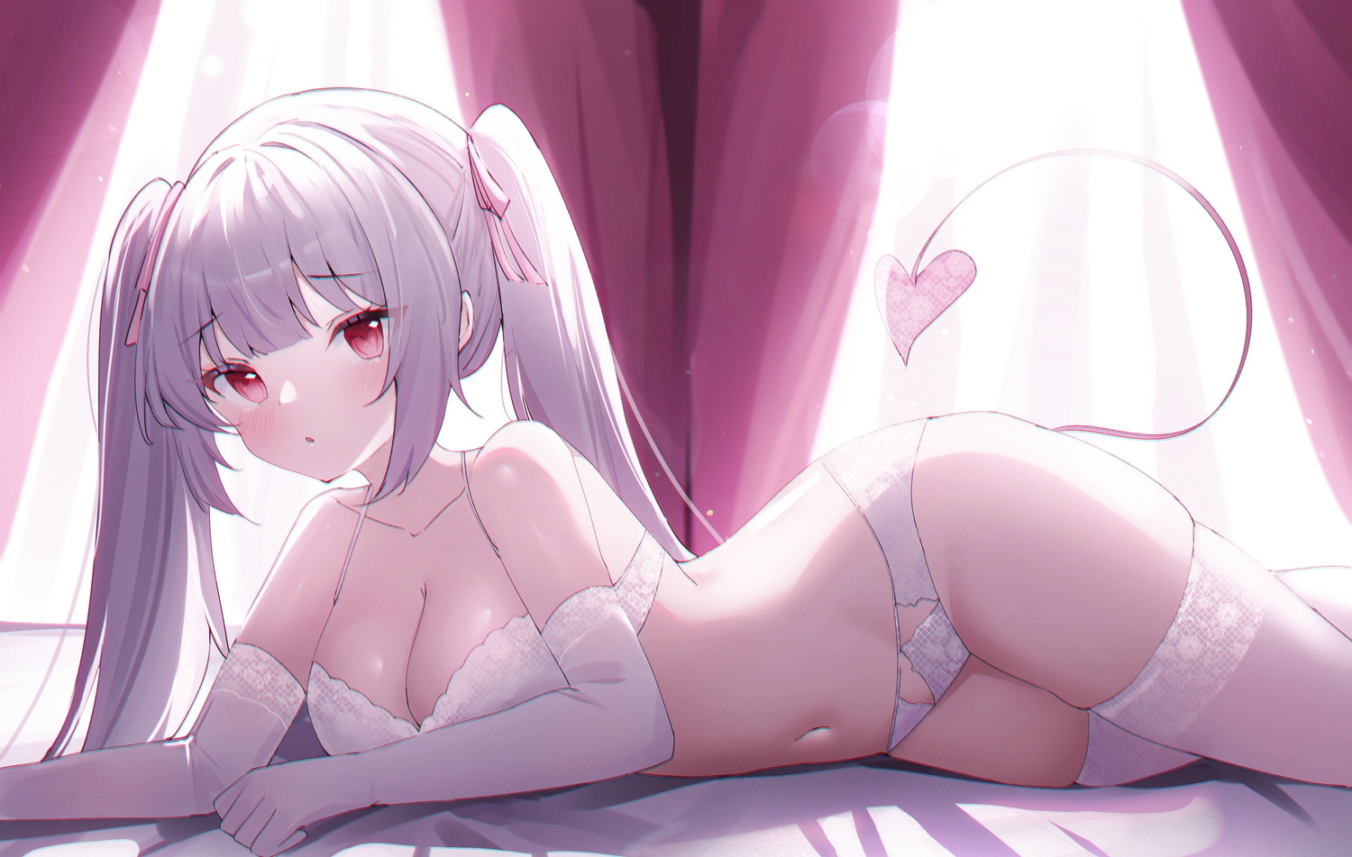 bed, bra, elbow_gloves, gloves, gray_hair, navel, original, panties, red_eyes, tail, thighhighs, twintails, underwear, usagi_(786113654)