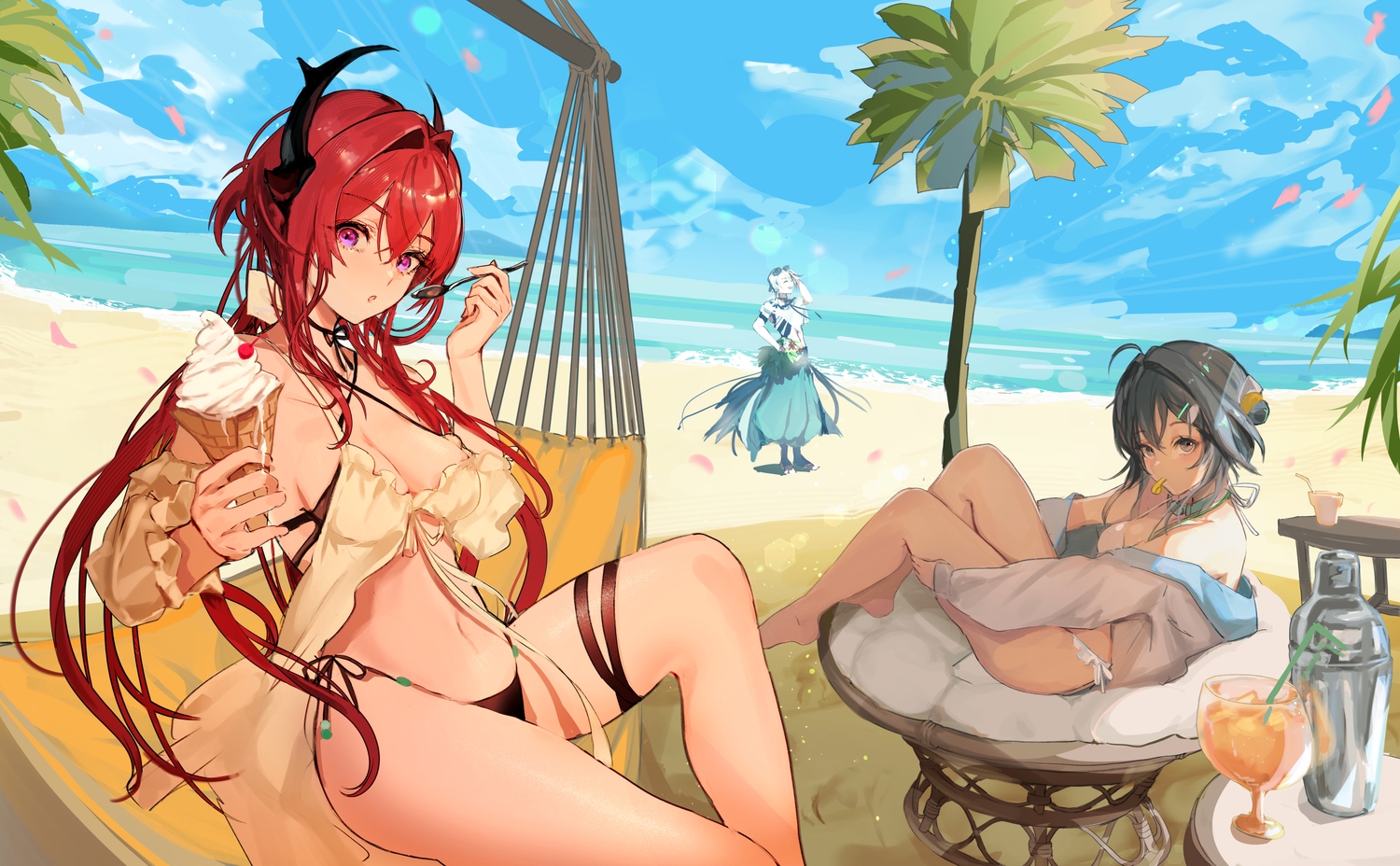 arknights, beach, bikini, black_hair, brown_eyes, drink, elysium_(arknights), food, horns, ice_cream, la_pluma_(arknights), long_hair, male, maria_(syake-uni), navel, purple_eyes, red_hair, surtr_(arknights), swimsuit, tree, water