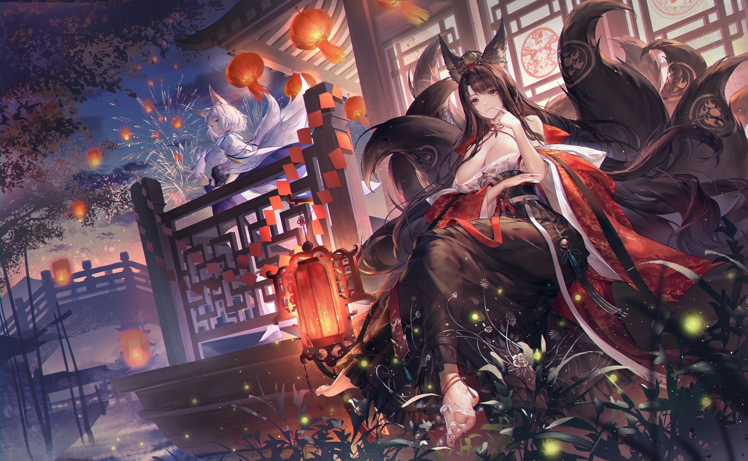2girls, akagi_(azur_lane), aliasing, animal_ears, anthropomorphism, azur_lane, baiyin, barefoot