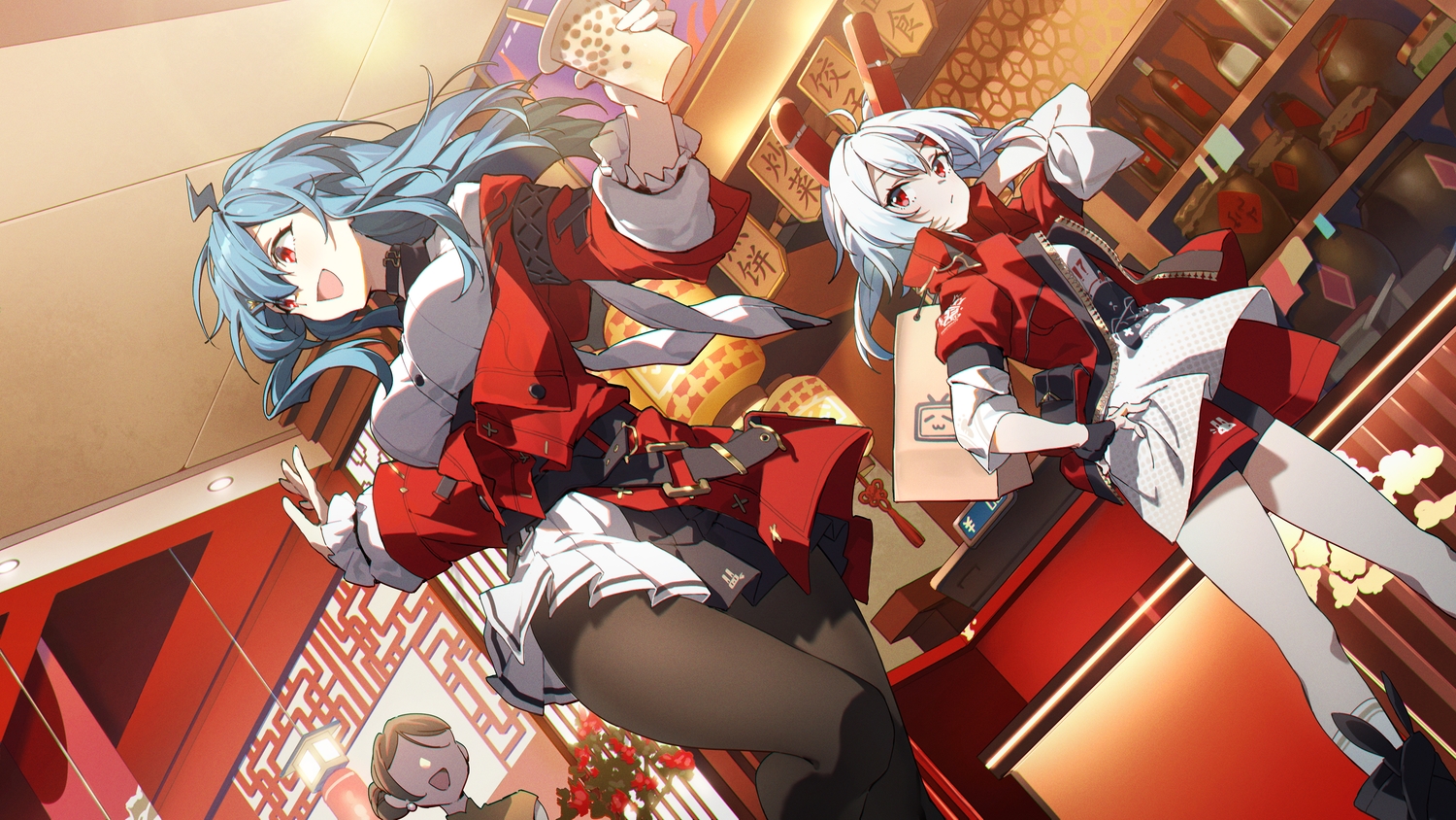aqua_hair, bili_bili_douga, bili_girl_22, bili_girl_33, drink, gloves, long_hair, pantyhose